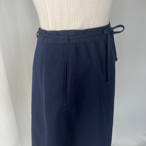 Vintage A Line Midi Skirt Size 14 Navy Blue Belted High Rise Retro Preppy 80s - Picture 4 of 15